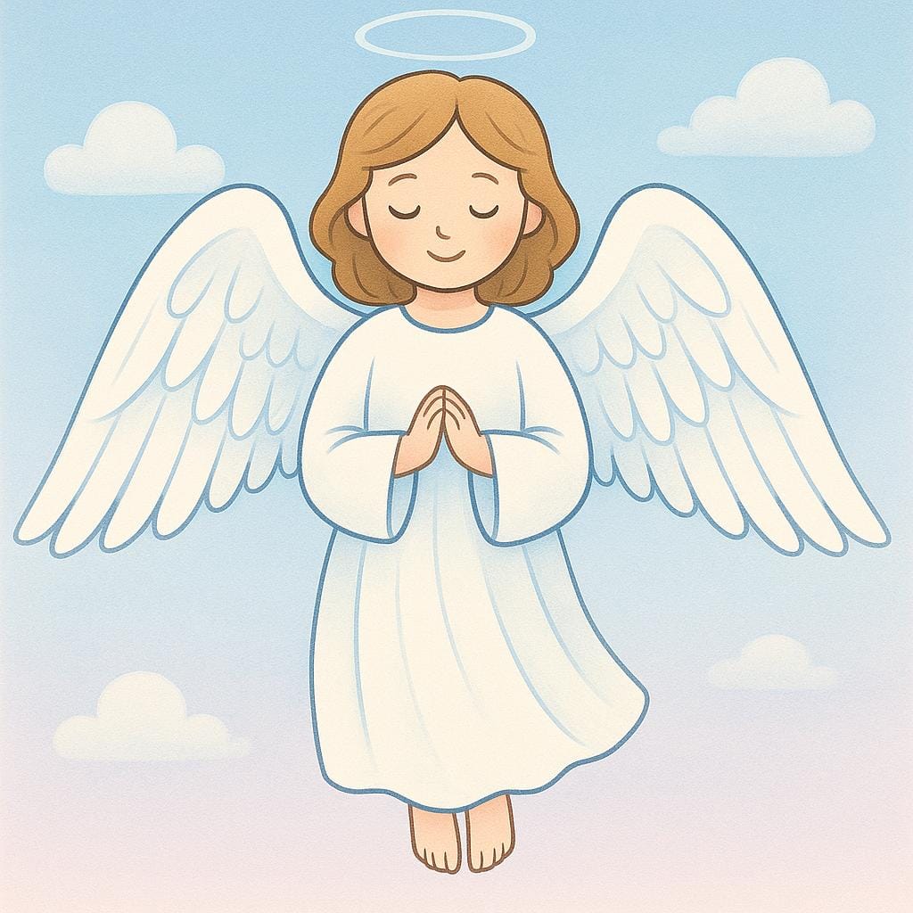 A luminous figure with large white feathered wings, wearing a flowing white robe, floating gently against a bright blue sky.