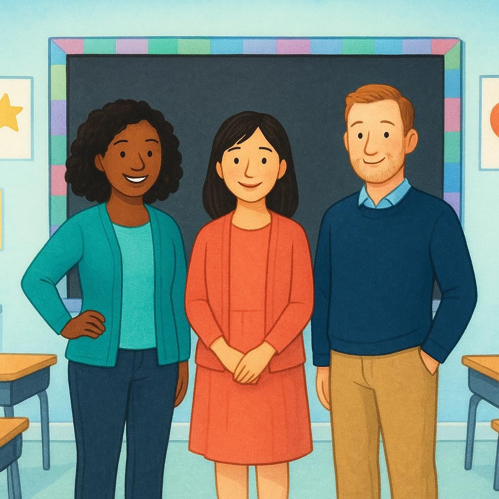 A simple illustration showing three diverse adults, two women and one man, standing happily near a colorful chalkboard in a brightly lit classroom.