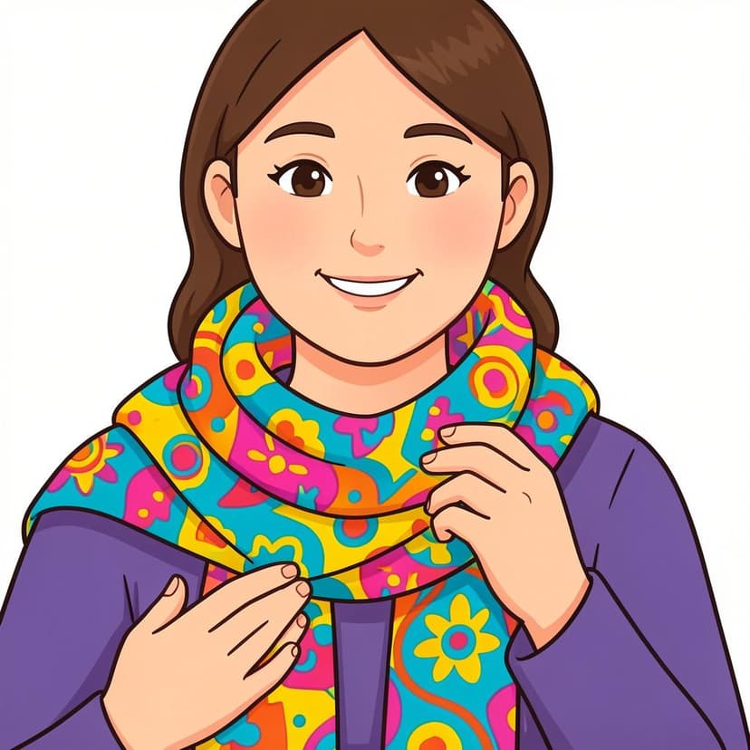 A person looking at a new colorful scarf they are wearing around their neck.
