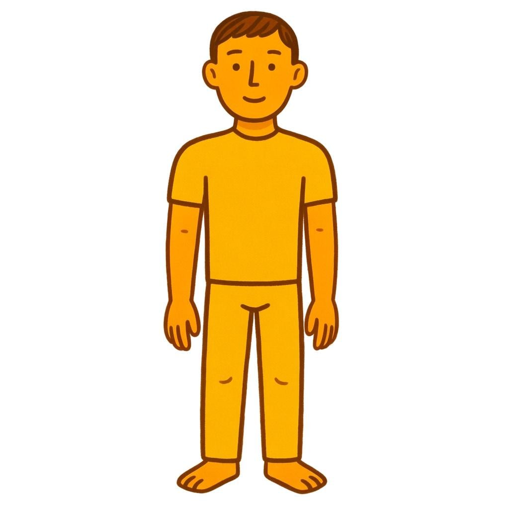 A simple, stylized illustration of a complete, standing human figure, showing the head, torso, and limbs.