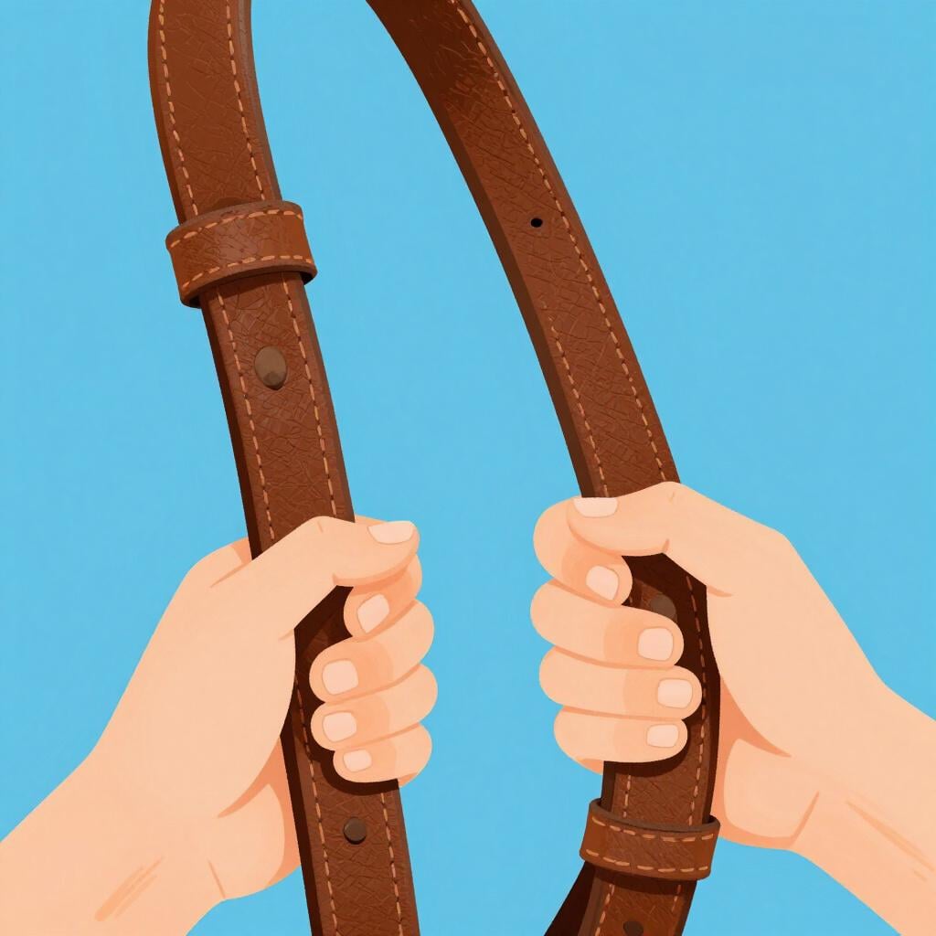 人が手に持っている茶色の革製ストラップのクローズアップ。
