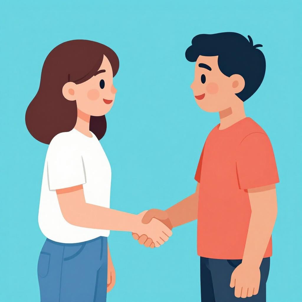 Two people shaking hands with warm smiles, showing a shared agreement or feeling.