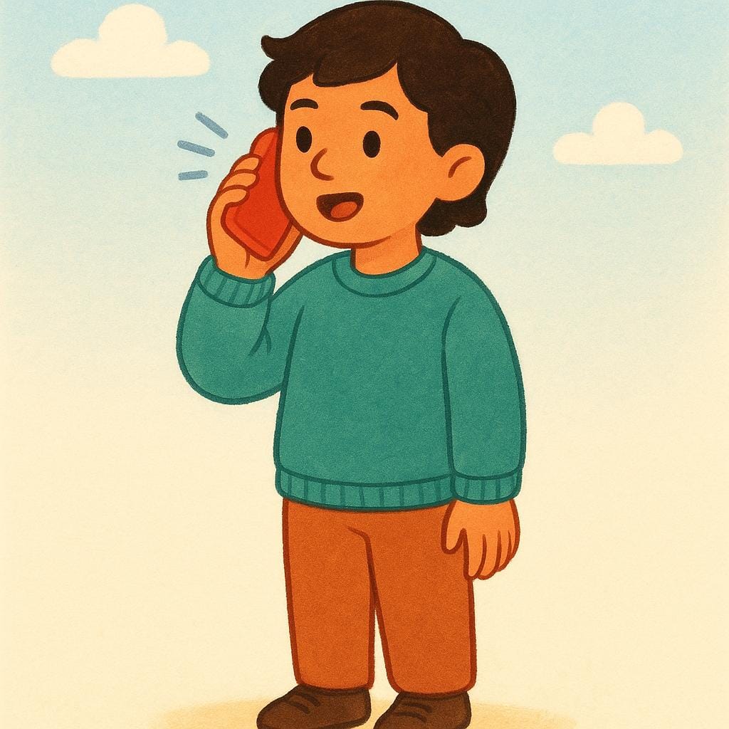 A young person holding a bright red smartphone to their ear, making a call.