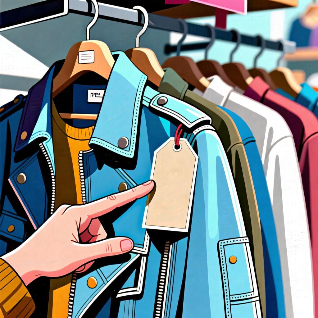 A hand pointing to a blank price tag on a jacket in a store.