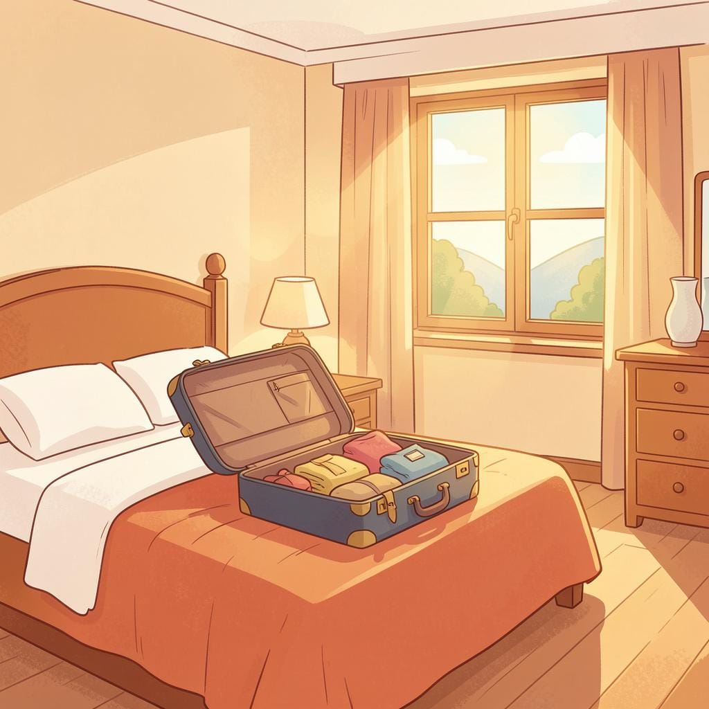 A cozy, open suitcase on a hotel bed near a window with a view of a new city.