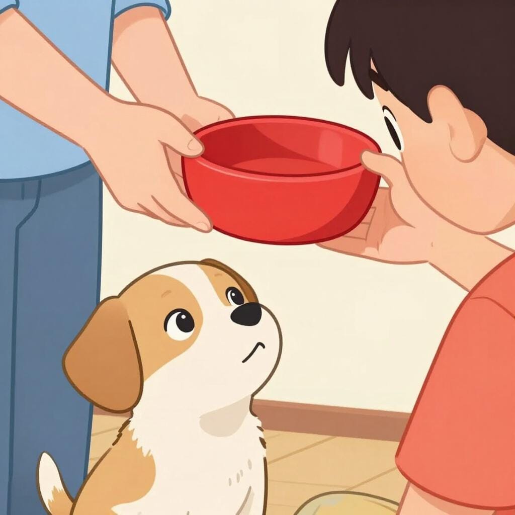 Un cucciolo che guarda con occhi grandi una persona che gli porge una ciotola di cibo.