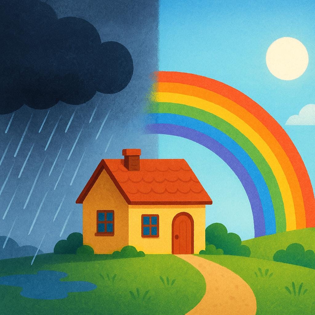 A visual representation of time passing, showing a dark, intense rain cloud over a house on the left transitioning quickly to a bright, sunny scene with a rainbow over the same house on the right.