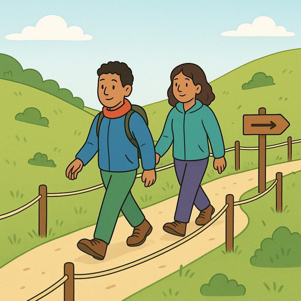 Due bambini che camminano attentamente lungo un sentiero chiaramente segnato, rimanendo strettamente all'interno delle corde di confine poste lungo il bordo del sentiero.