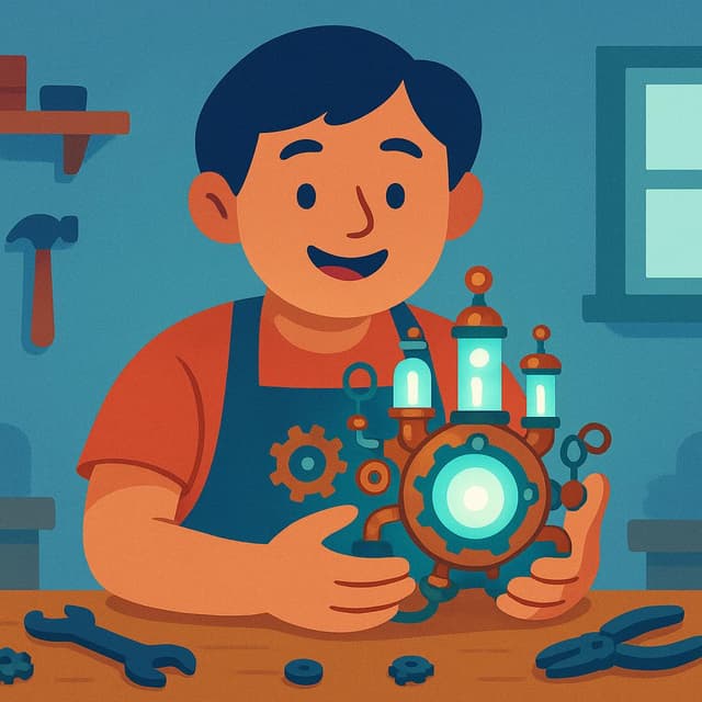 Un inventore amichevole in un laboratorio che tiene in mano un gadget meccanico unico e luminoso con ingranaggi e lampadine.