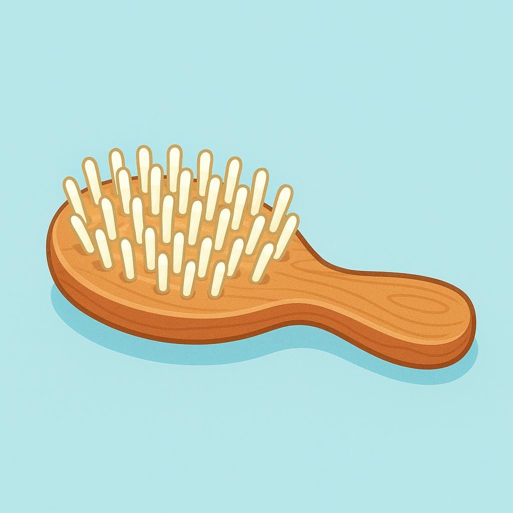 A simple wooden hairbrush with white bristles, designed for grooming.