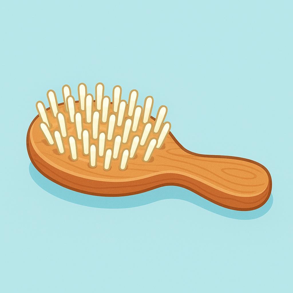 A simple wooden hairbrush with white bristles, designed for grooming.