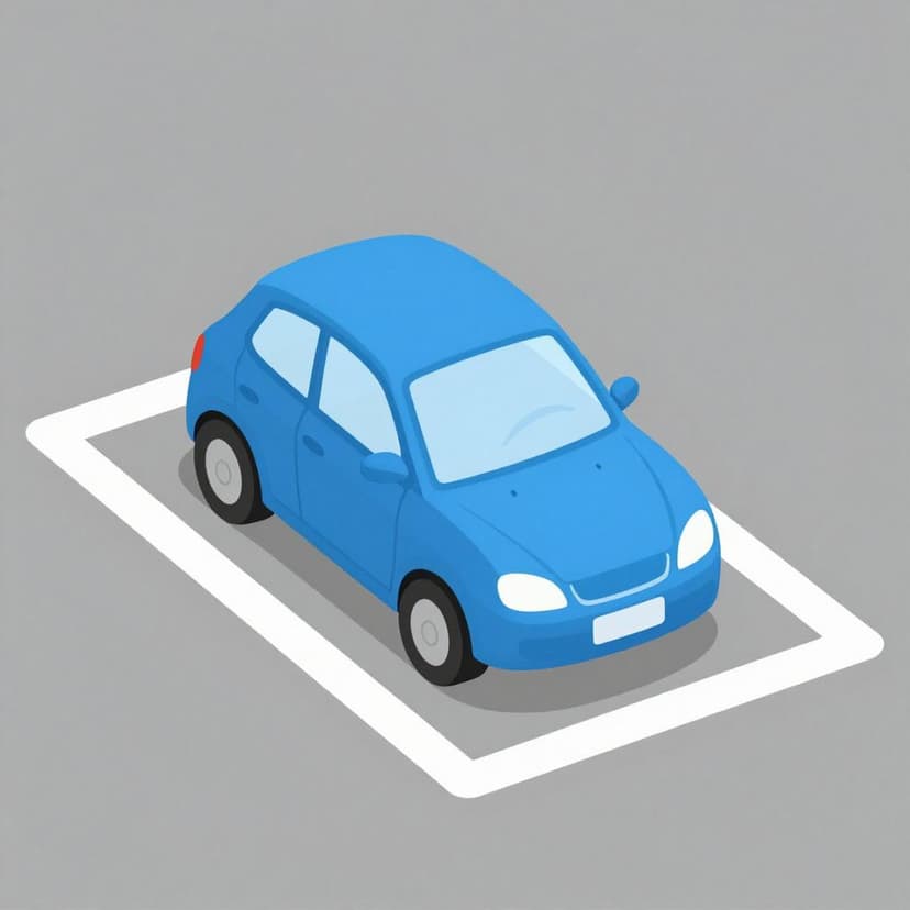 Een kleine blauwe auto die netjes tussen twee witte lijnen op een parkeerplaats staat.