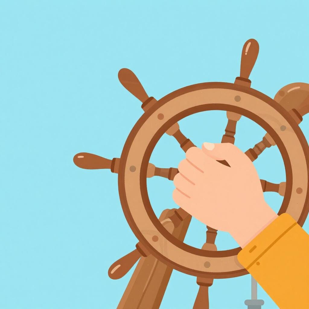A captain's hand firmly steering a large wooden ship wheel through calm blue water.