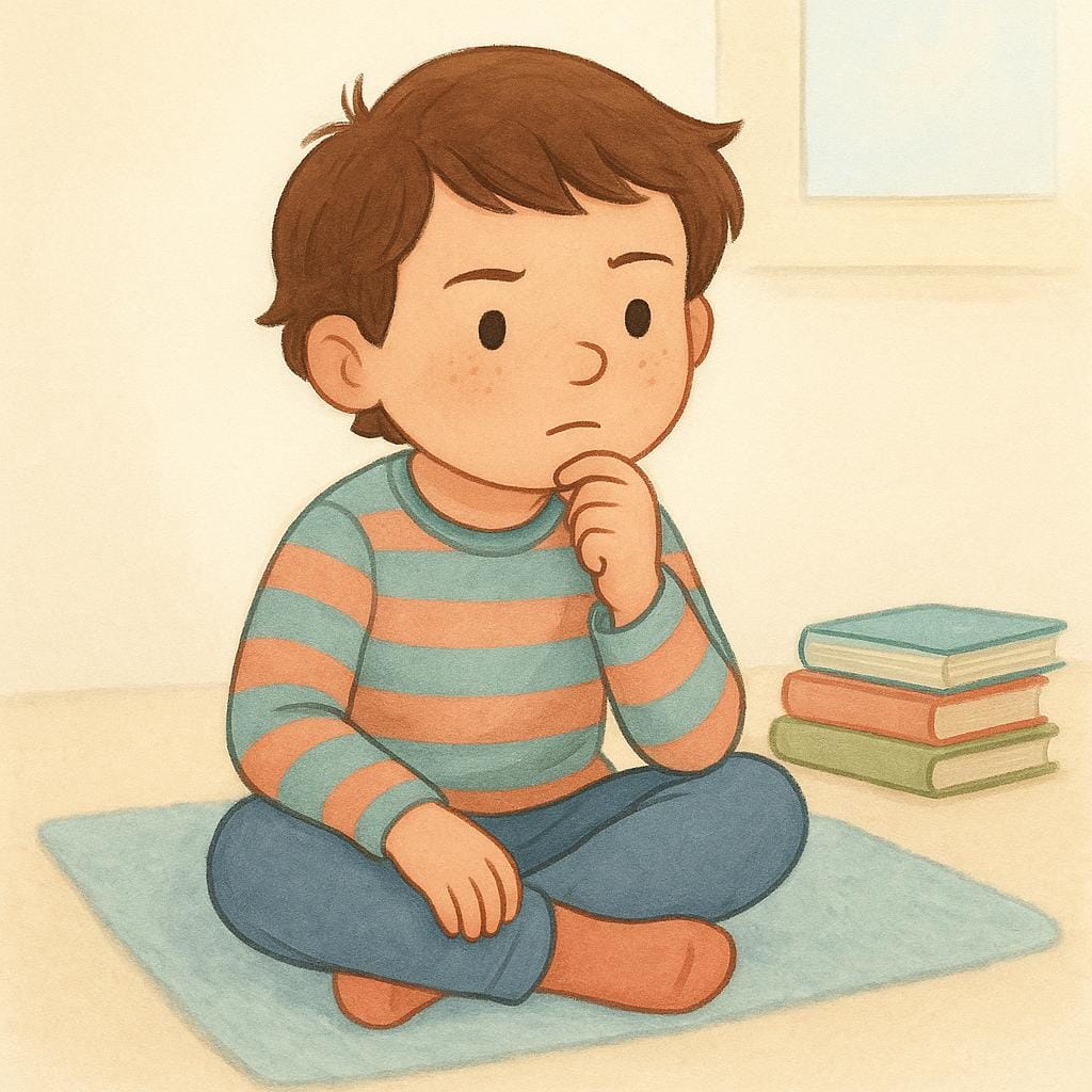 고민하는 어린이가 턱을 괴고 바닥에 앉아 깊은 생각에 잠긴 모습을 그린 동화 삽화, 중요한 질문을 숙고하는 모습을 상징합니다.