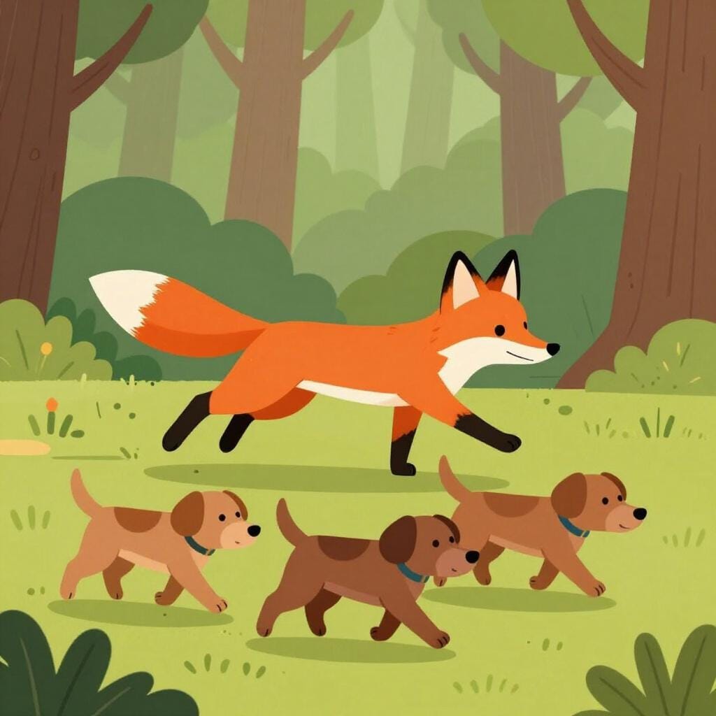 Una volpe che corre in una foresta inseguita da vicino da un branco di cani.