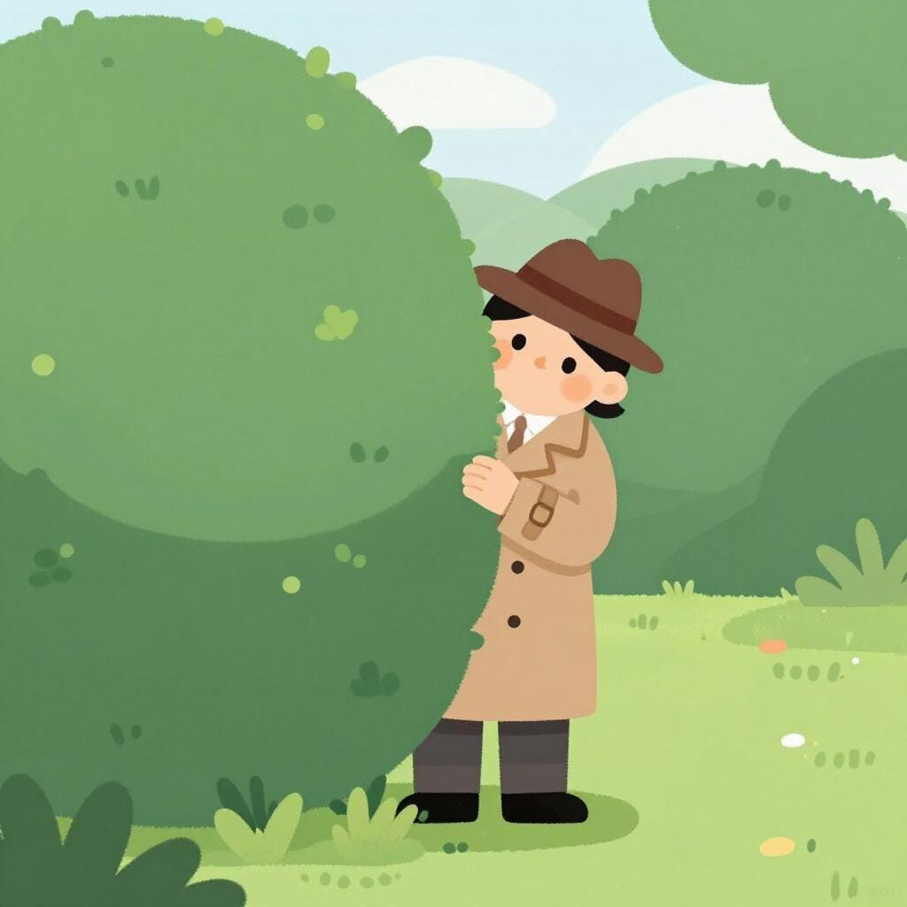 A person wearing a trench coat and hat peeking from behind a large green bush.