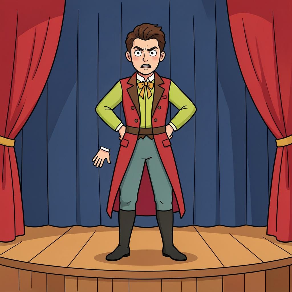 A person standing in a stiff, dramatic pose as if performing for an audience.