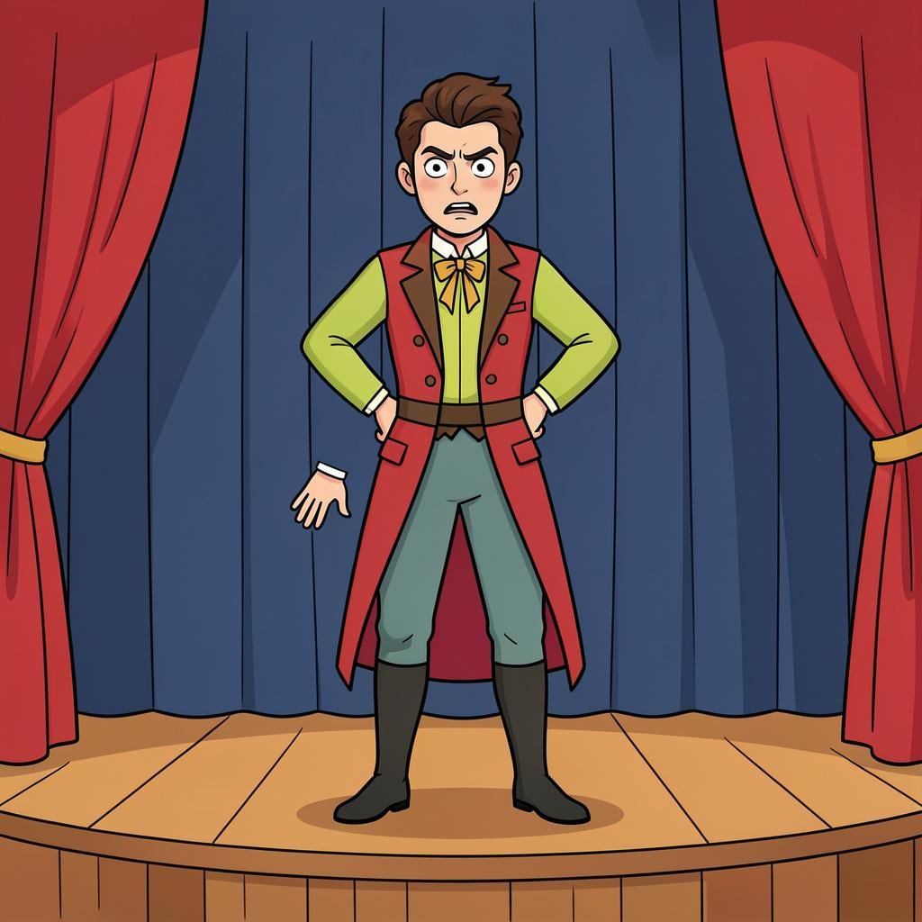 A person standing in a stiff, dramatic pose as if performing for an audience.