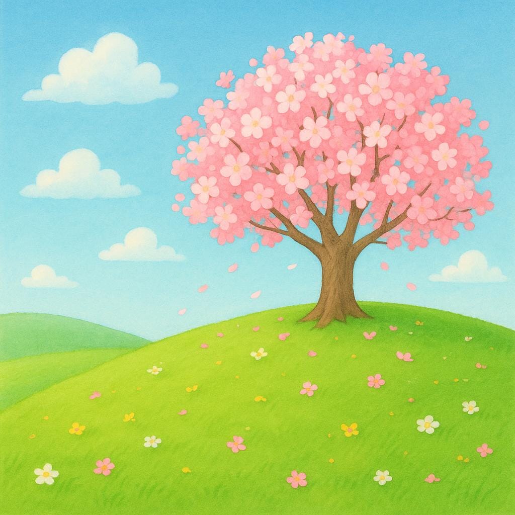 Eine lebendige Landschaft, die einen Baum mit grünen Blättern und bunten Blumen im Vordergrund zeigt, was den Frühling darstellt.