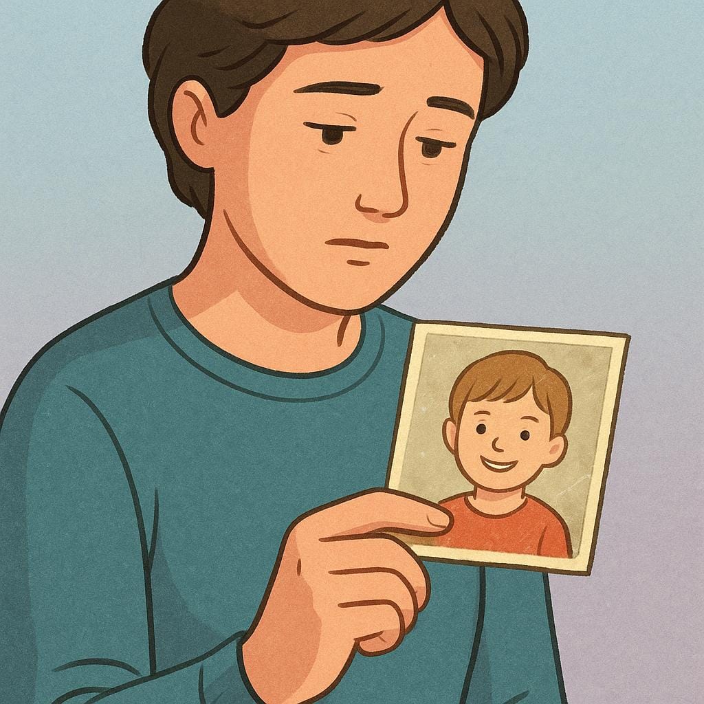 Een bedachtzame volwassene houdt een kleine, vervaagde vierkante foto vast van een lachend jong kind, wat wijst op speculatie over het verleden.