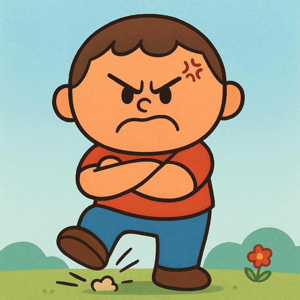 A small cartoonish figure standing with arms crossed tightly, frowning severely, and stomping one foot to show intense anger or bad temper.
