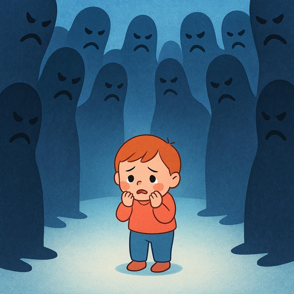 A storybook illustration depicting a small, sad figure being intimidated by several large, looming, identical shadow figures in a clear, bright space, illustrating oppression.