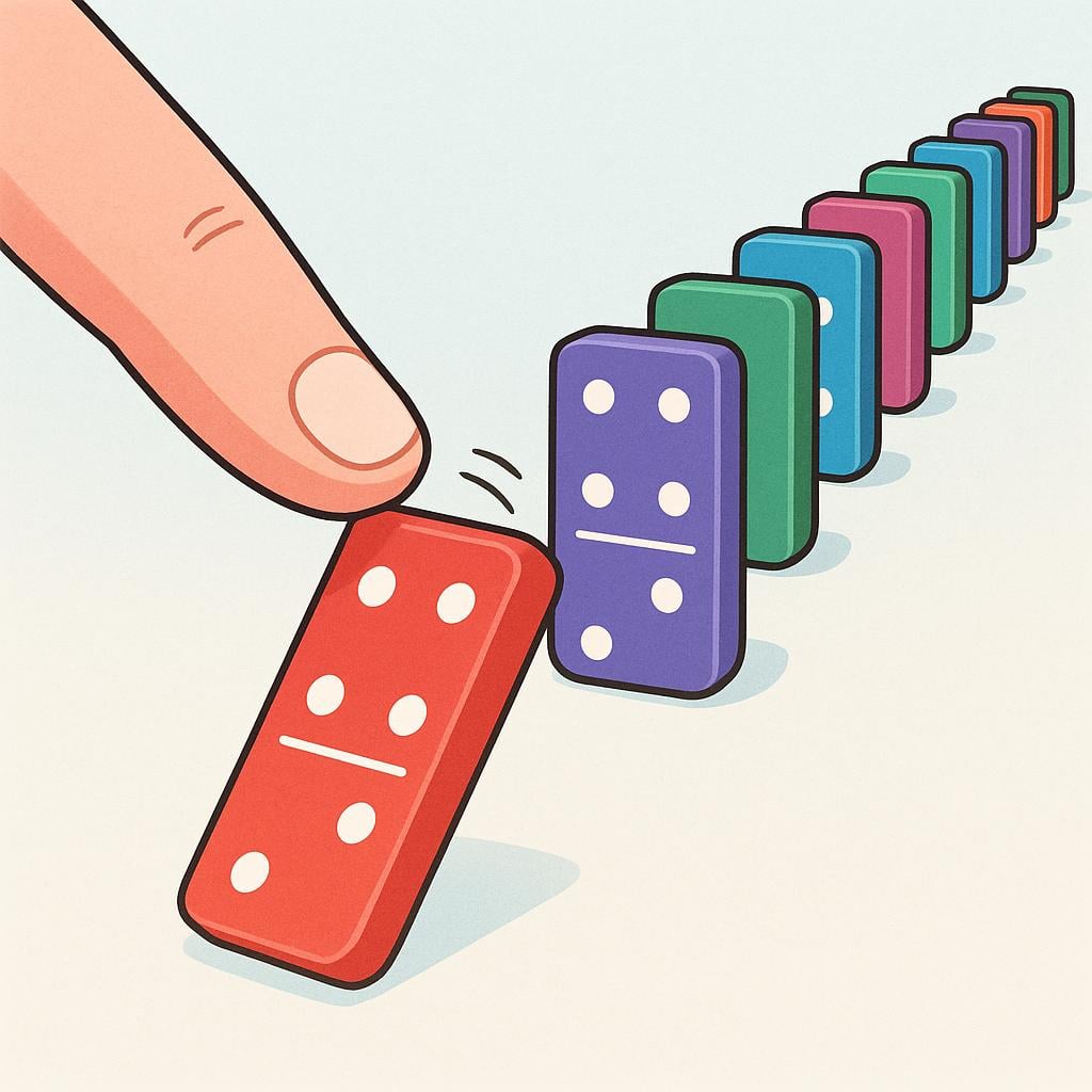 A close-up illustration of a finger tipping over the first domino in a long line, symbolizing the beginning of a cause-and-effect chain.