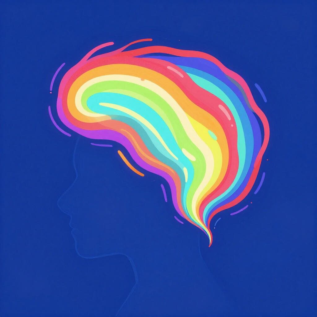 Une illustration colorée d'une tête humaine d'où émergent des motifs vibrants et tourbillonnants de lumière et de couleur, représentant un état mental altéré.