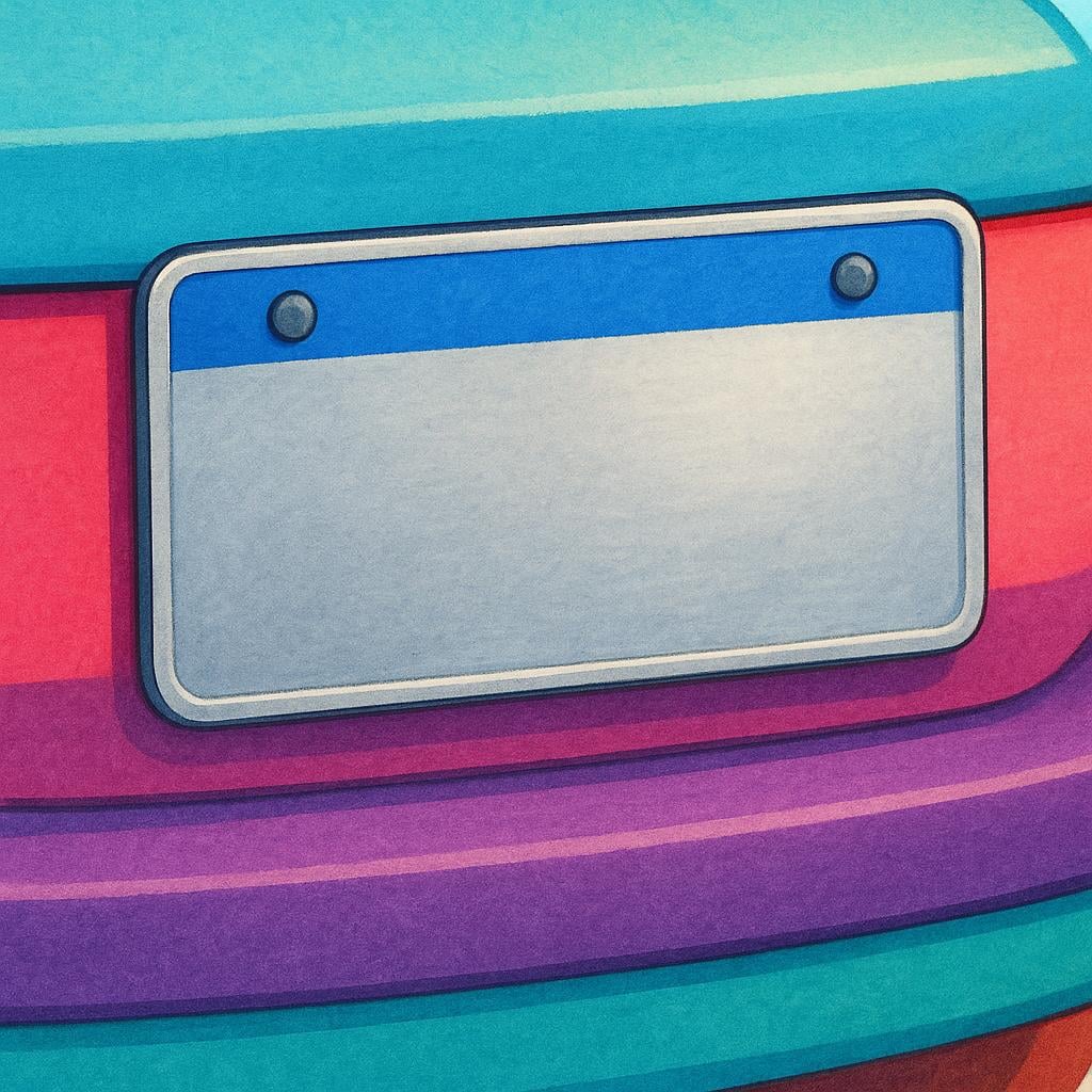 A close-up view of a generic, colorful rectangular metal license plate attached to a car bumper.