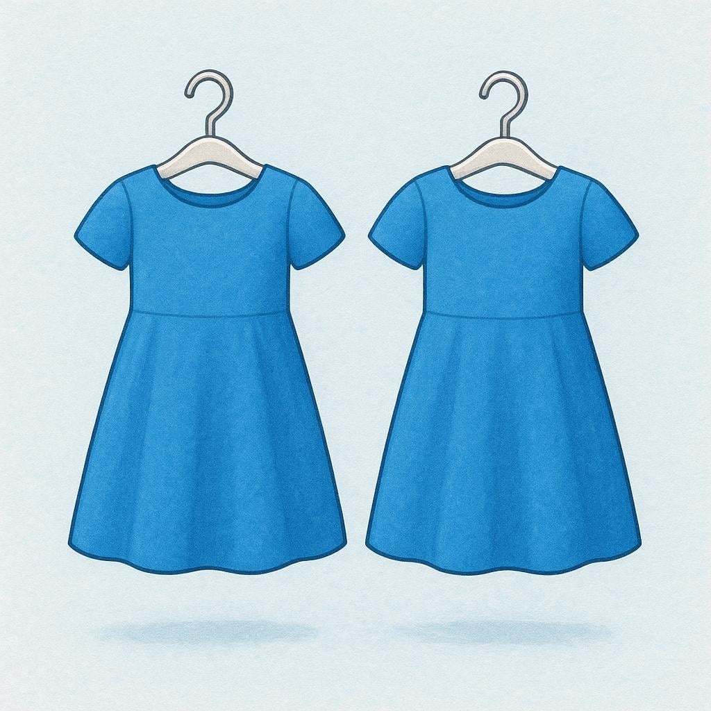 Two identical simple blue dresses hanging side by side against a neutral background.