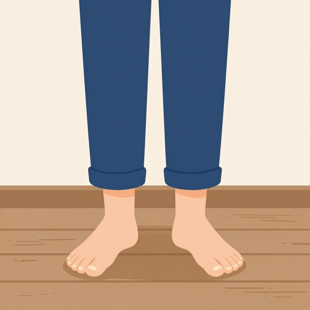 Uma pessoa em pé sobre um piso de madeira.