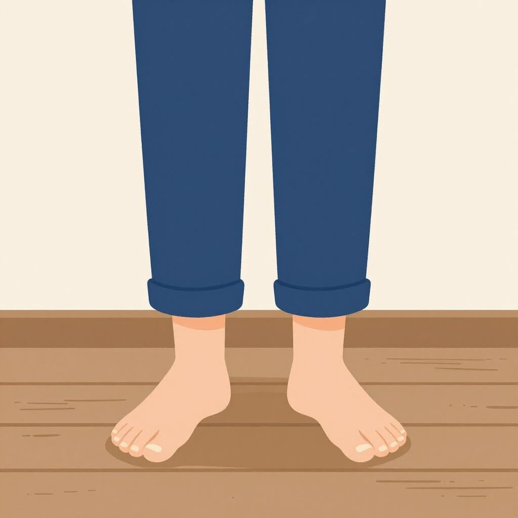 A person standing upright on a wooden floor.