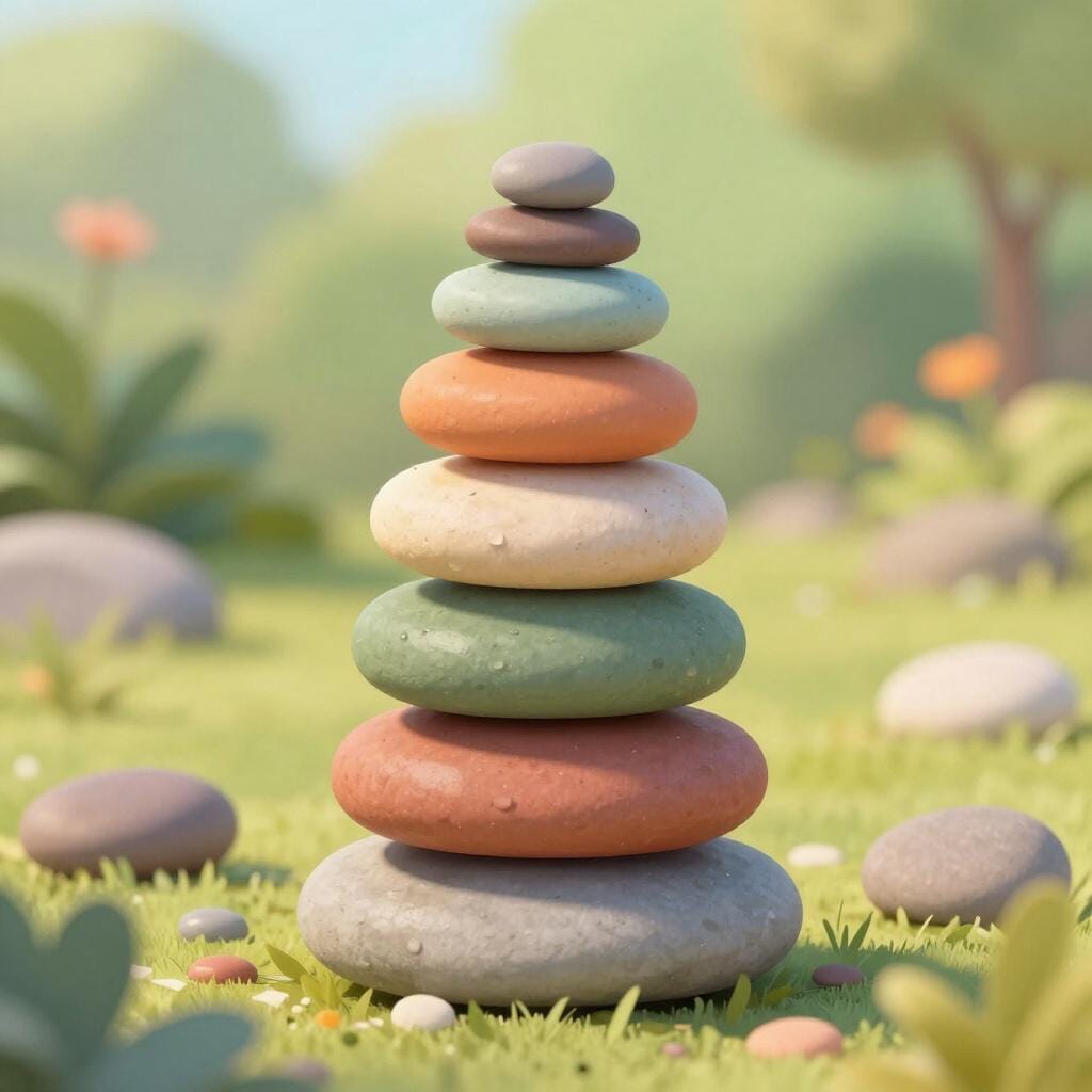 A perfectly balanced stack of smooth, round river stones in a peaceful garden.