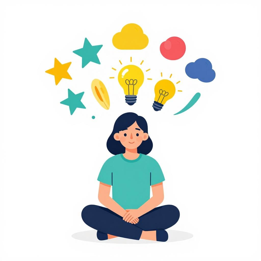 A person sitting with a glowing lightbulb above their head, surrounded by colorful floating shapes and creative sparks.