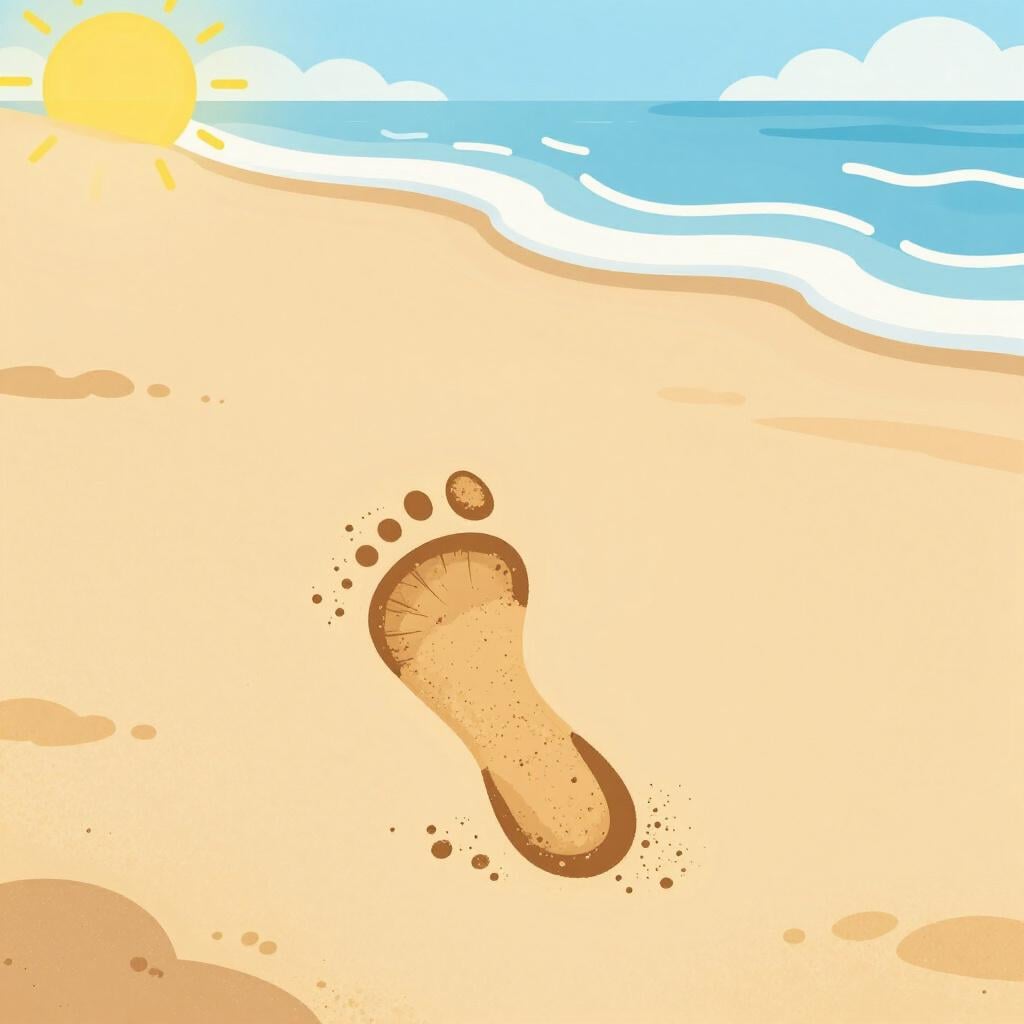 A single, completed footprint on a sandy beach, representing a finished action in the past.