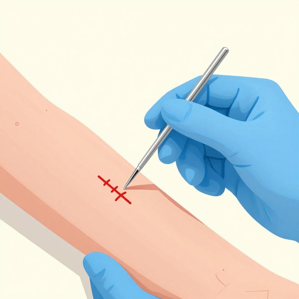 A medical professional's gloved hand carefully using a surgical needle to close a small cut on an arm.