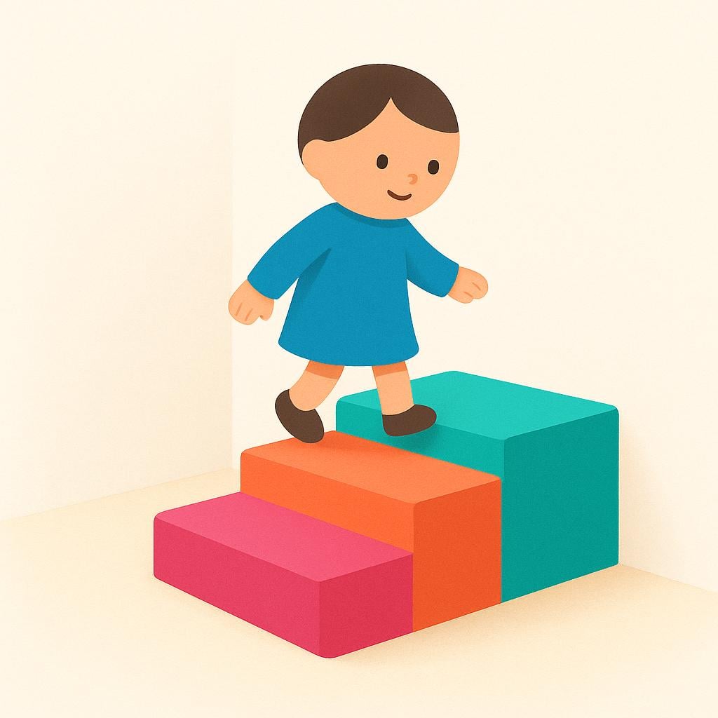 A small, simplified figure walking down three steps of a brightly colored staircase.