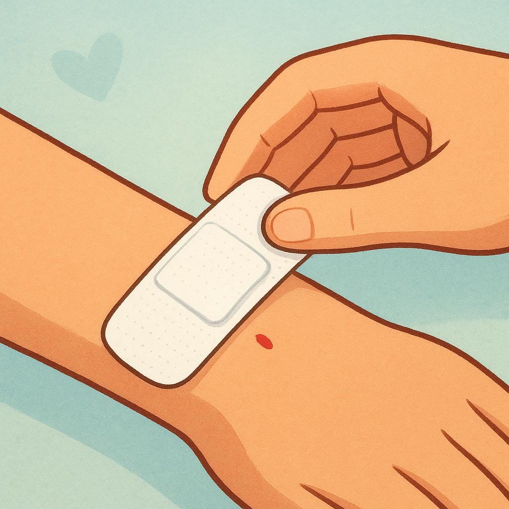 A person's gentle hand carefully placing a white bandage on a small arm wound on another person, showing the action of healing.