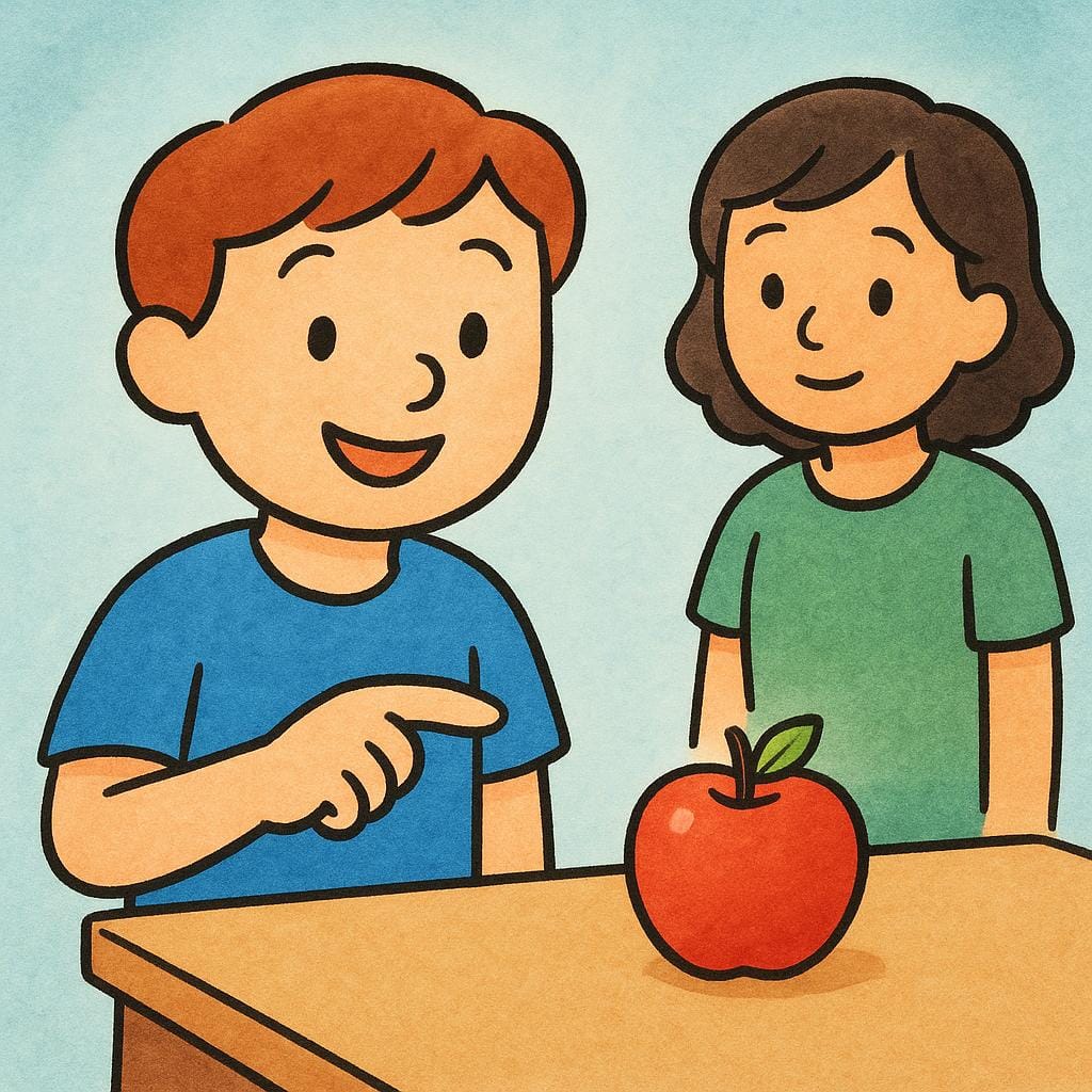 An illustration of one friendly person speaking clearly and pointing directly at an object, symbolizing a straightforward manner.