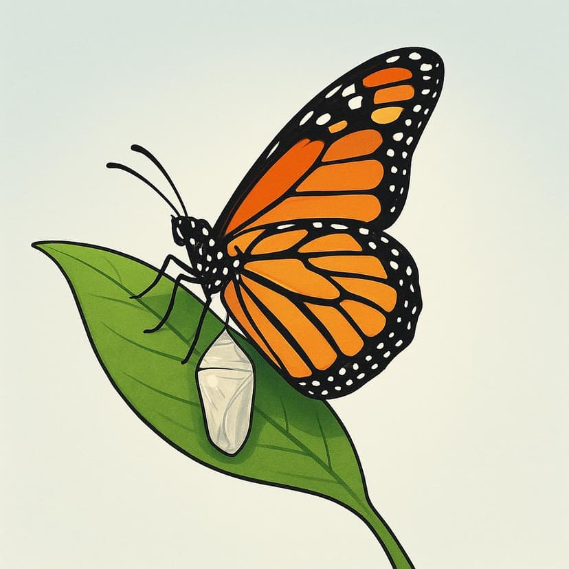 Ein leuchtend bunter Schmetterling wird gezeigt, wie er aus einer Puppe schlüpft und auf einem großen grünen Blatt ruht, was Transformation und den Akt des Werdens symbolisiert.