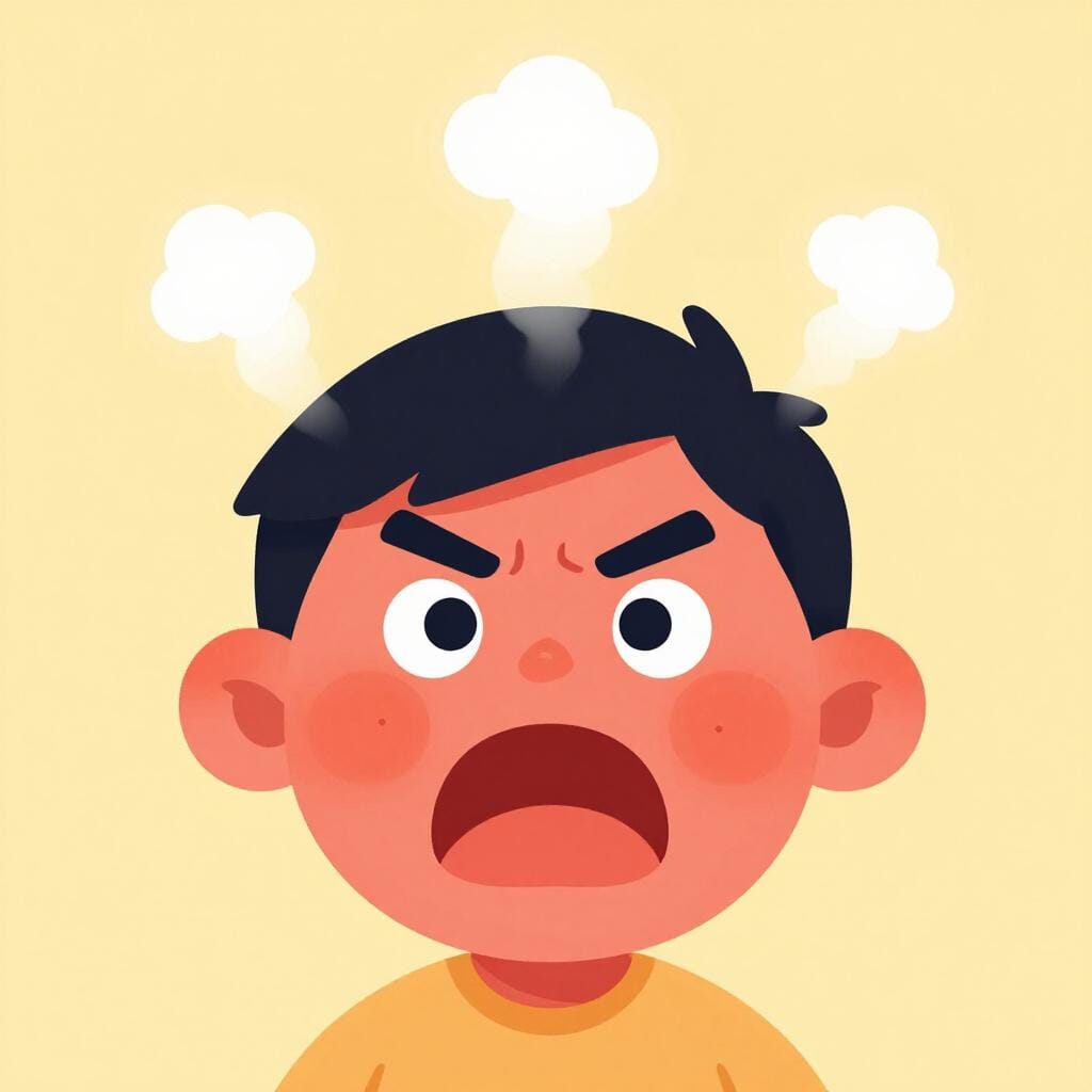 顔が赤く、頭から蒸気を出している、非常に怒っている人。