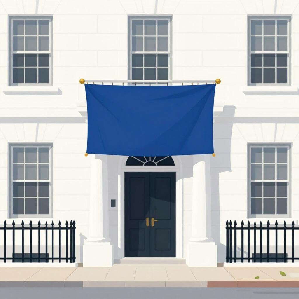 Een statig gebouw met een grote vlag boven de ingang, dat een consulaat voorstelt.