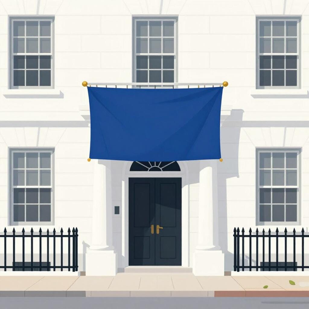 A stately building with a large flag hanging above the entrance, representing a consulate.