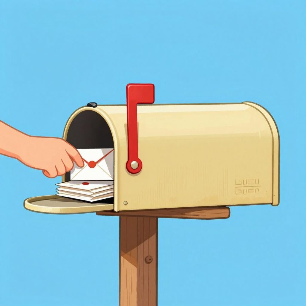 A small stack of utility bills being placed into a wooden mailbox.