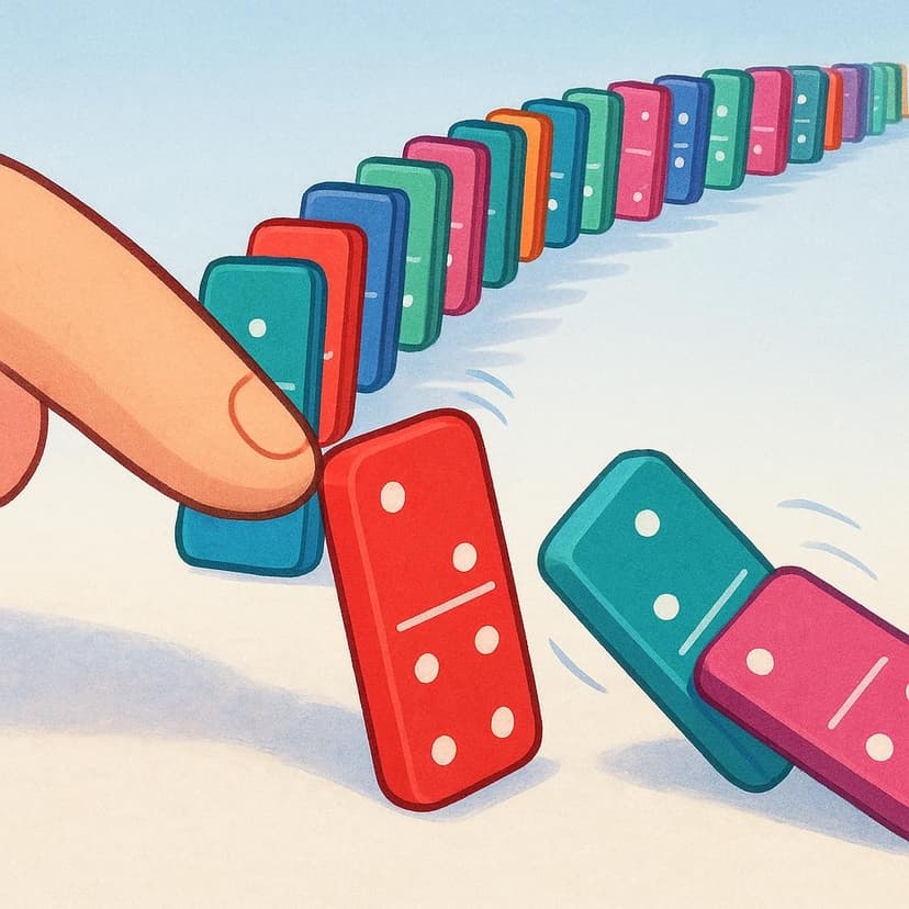 A row of colorful dominoes where the first one is being pushed, causing a chain reaction.