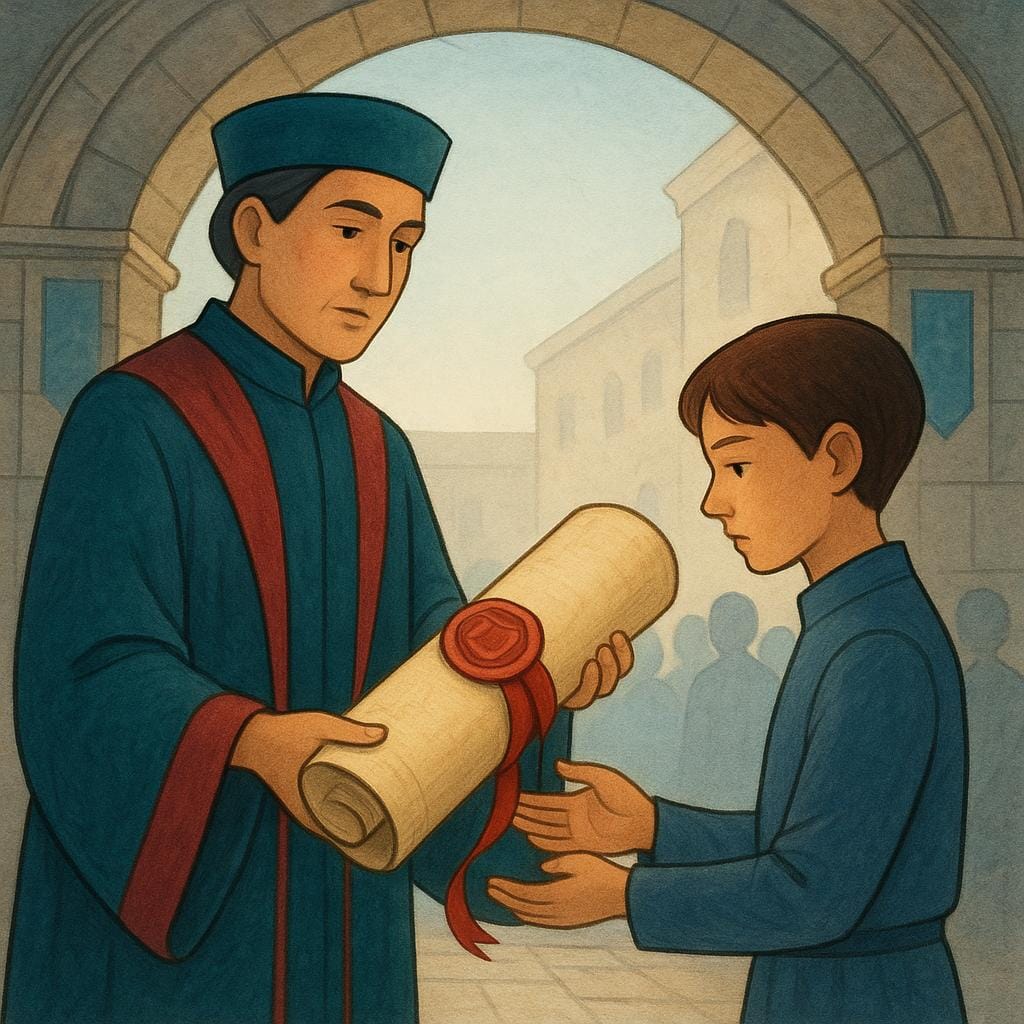 A focused person wearing a simple uniform is being handed a large, sealed scroll by a leader, symbolizing the assignment of a task.
