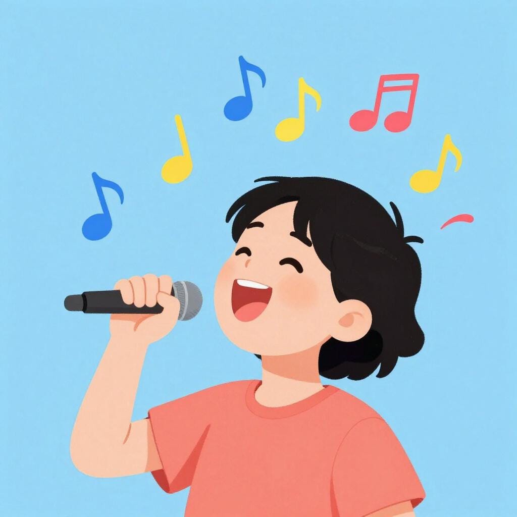 A cheerful person singing with musical notes floating around them in a bright setting.