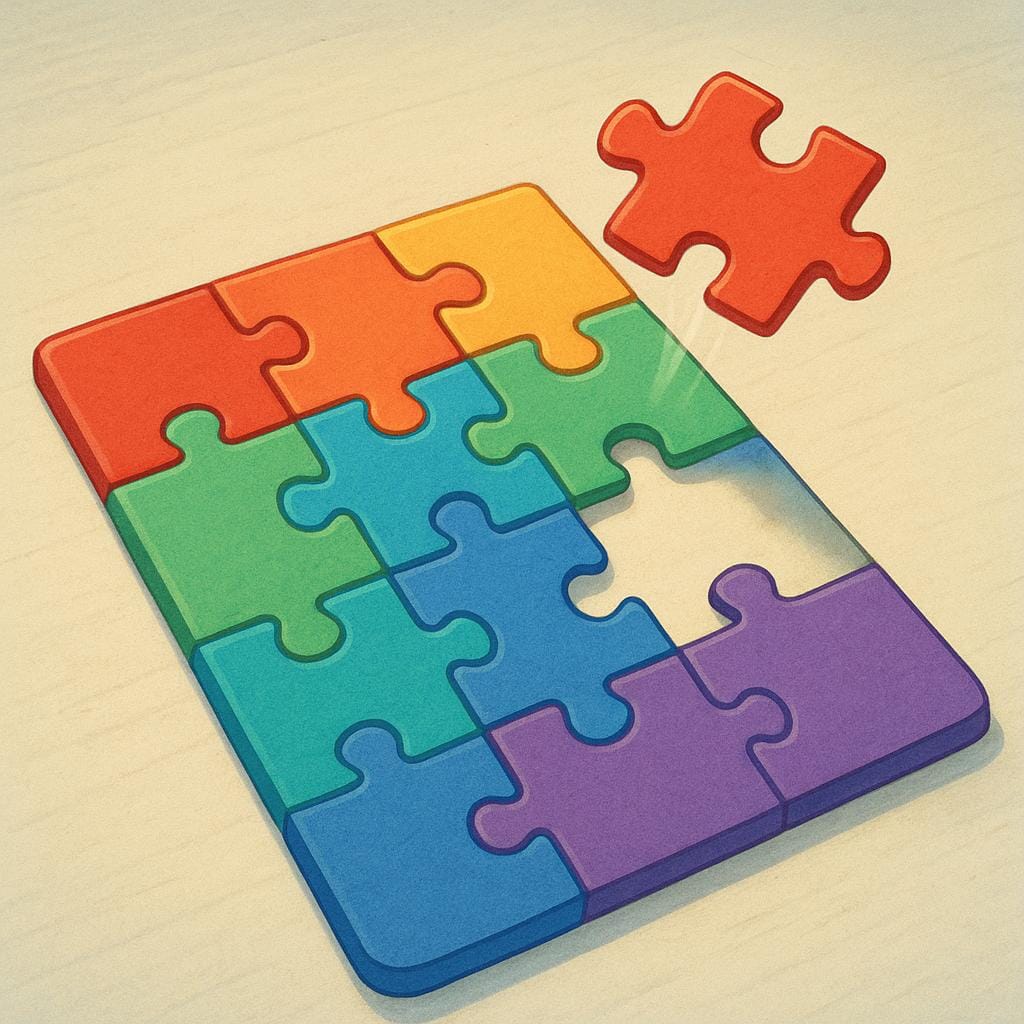 Een kleurrijke legpuzzel die bijna compleet is, waarbij het laatste ontbrekende stukje direct boven de juiste positie zweeft, klaar om de puzzel op te lossen.