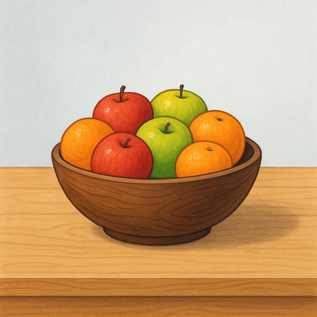 Una singola ciotola piena di frutta, come mele e arance, appoggiata su un bancone, che implica che sia la scorta rimanente.