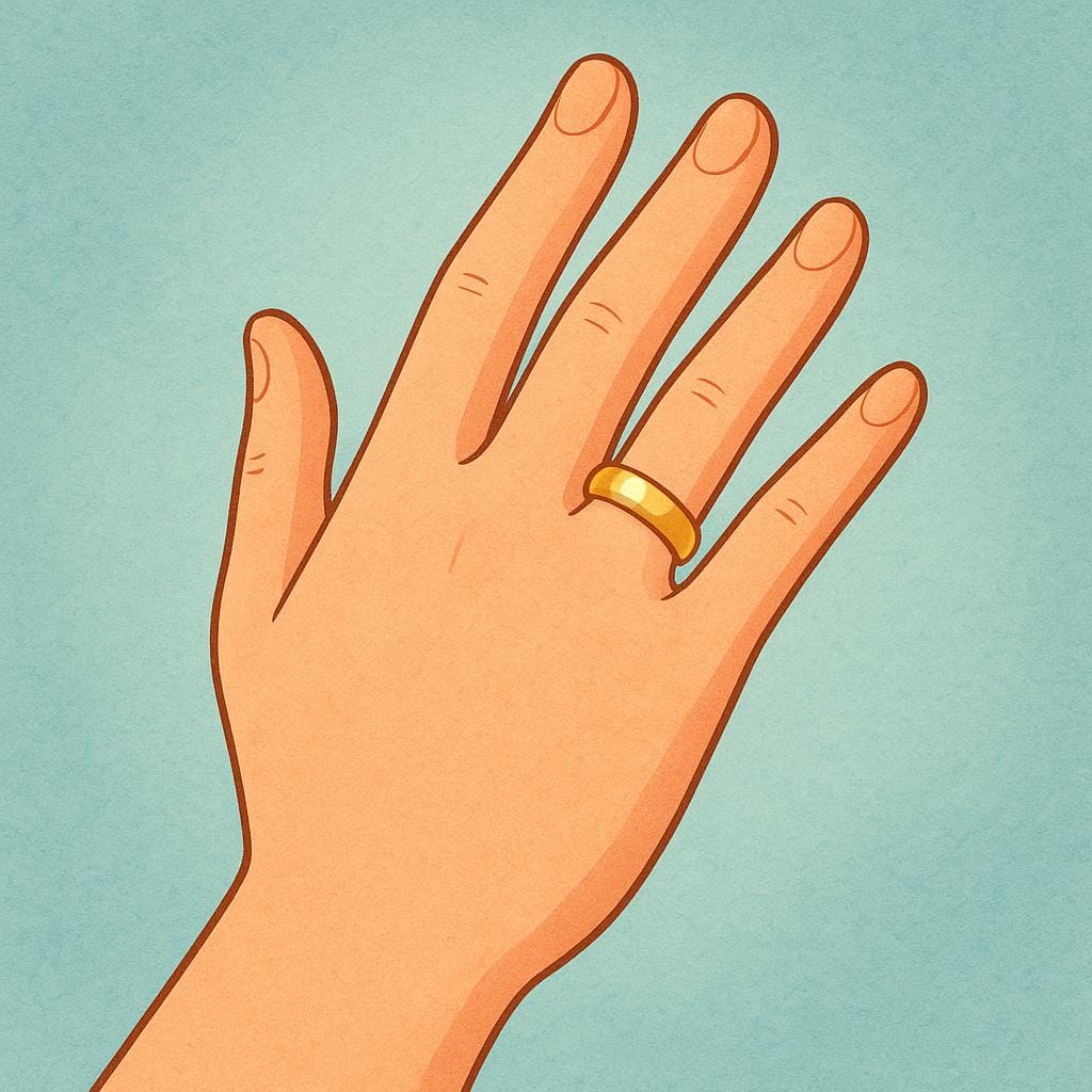 A close-up illustration of a hand wearing a simple gold wedding band on the ring finger.